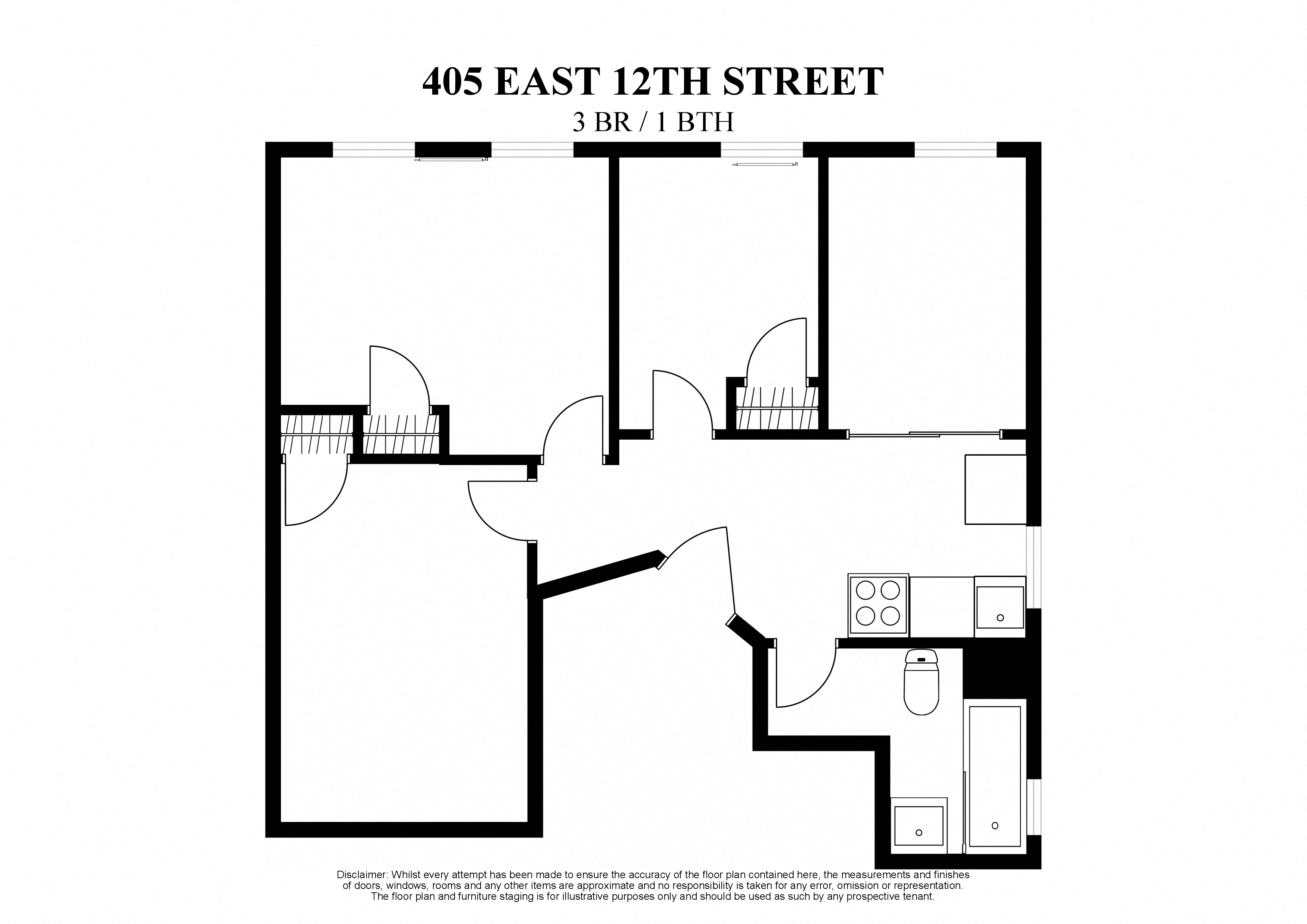 Floor plan for 3 beds, 1 bath